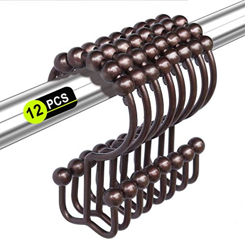 Yapicoco Shower Curtain Hooks Rings for Bathroom, 12PCS Stainless Steel Metal Rust Resistant Balance Sliding Double Curtain Hooks (Bronze)
