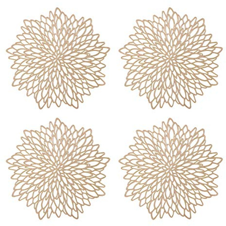 GLOBALDREAM Ausgehöhlte runde Tischsets, 4 Stück Goldene metallische runde Tischsets Laminierter Vinylblatt-Esstisch Dekorativer Rutschfester Tisch Tischset PVC-Kunststoffuntersetzer Isolationspads