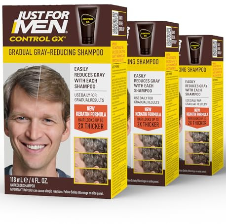SHAMPOO Just for Men Control GX Grey Reducing for Lighter Shades of Hair, Blonde to Medium Brown, Gradual Hair Color with Keratin, 4 Fl Oz - Pack of 3 (Packaging May Vary)