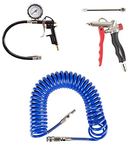 STIER Druckluft-Set Premium, 3-teilig, Reifenfüllmessgerät, Spiralschlauch, Ausblaspistole, mit Wechseldüse, Kfz, mit Knickschutz und aus langlebigem Material