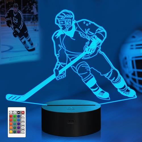CooPark Eishockey Geschenk, 3d Eishockey Nachtlicht für Kinder mit Fernbedienung 16 Farben ändern dimmbare Funktion, Sport Thema Schlafzimmer Dekor Cooles Lampe für Kinder