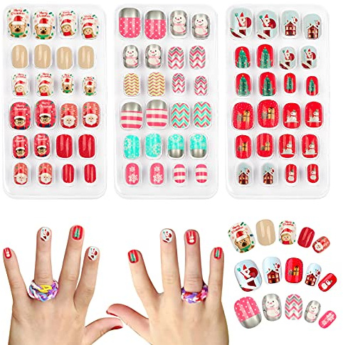 72 Pièces Ongles pour Enfants de Noël, Adhésif Artificiels à Couverture Complète, Faux Ongles Courts Cadeau pour Les Enfants Fille