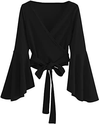 SweatyRocks Women's Long Sleeve V Neck Tie Knot Bandage Wrap Blouse Crop Top Pure Black L