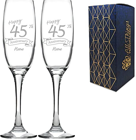 Personalised Engraved 45th Anniversary Glass Set of Two, Imperial Champagne 7.5oz Glass, Engraved in The UK, Personalise with Any Name, Thoughtful Customised Gift