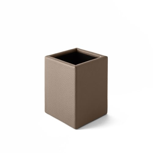 Eglooh - Atena - Schreibtisch Stiftehalter Echtes Leder Taupe Grau - Quadratisches Design und handgefertigte Ausführungen - cm 7 x 7 x H.9,5 - Vollständig in Italien hergestellt