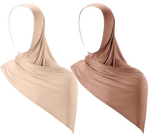 2 Stück Instant Hijab Jersey Hijab für Frauen Muslimischer Kopftuch Leicht Lang Weich Hijab Schal Stretch Einfarbig Schal Wrap, Beige, Khaki.