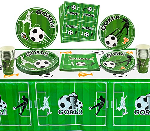 Decorazioni per feste di calcio, set di stoviglie per il calcio per 20 ospiti, inclusi piatti di carta per la cena, piatti per il dessert, tovaglioli, tazze, tovaglia per le decorazioni di compleanno