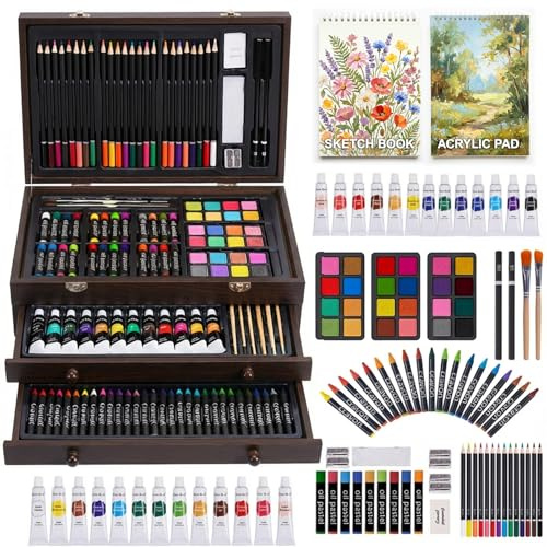 175-teiliges Deluxe-Kunst-Set mit 2 Zeichenblöcken, Acrylfarben, Buntstiften, Malset in Holzkoffer, professionelles Kunstset, Kunstbedarf für Erwachsene, Jugendliche und Künstler, Malzubehör