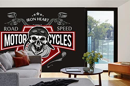 Vlies Fototapete RETRO-BIKER-SCHÄDEL 375 x 250 cm (inkl. Kleister) - Vlies Tapete, Wandtapete, Wandbilder - Tapete für Wohnzimmer Schlafzimmer, Büro, Küche - Montagefertig