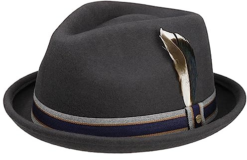 Stetson Valcourt Player Wollhut Hut mit Federn Pork-Pie-Design Herren Herbst Winter Wasserabweisend Asahi Guard Protection dunkelgrau L (58-59 cm)