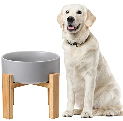 Erhöhter großer Keramiknapf – Schwerer Hundenapf mit Bambusständer – erhöht für bequemes Füttern – 21,1 cm B x 20,3 cm H – 4,5 Tassen (2,011 ml) – Grau