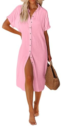RITOSTA Strandklänning dam lång sommar kimono strand tunika knäppt dolda tröjor och saronger bomull kaftan, kaftan, V-ringad, bikini, täcka upp strandpareo, blus, kortärmad, rosa, M