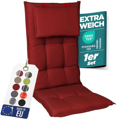 gardisun Gartenstuhlauflagen Hochlehner mit Kopfteil, 1er Set, Rot | Extra Dicke Sitzauflagen, Made in EU, Polsterauflagen für Hochlehner, Auflagen mit extra hoher Lichtechtheit