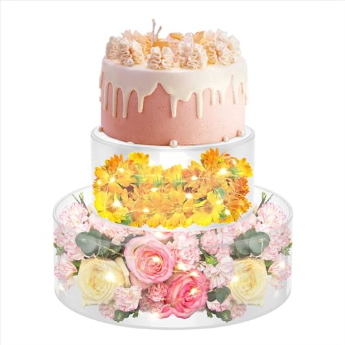 SABUIDDS Lot de 2 présentoirs à gâteau avec bandes lumineuses LED - En acrylique transparent - Remplissables - Pour gâteau d'anniversaire, fête prénatale, festival