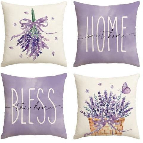 Artoid Mode Home Sweet Home Lavender Spring Cushion Covers Set of 4, 45x45 cm Summer Decorative Pillow Case Cover Sofa Living Room Decor