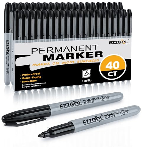 Ezzgol Black Permanent Markers Bulk, 40 Packs Fine Tip Permanent Markers, Waterproof Markers, Premium Smear Proof Pens, Quick Drying, Office Supplies for School, Office, Home