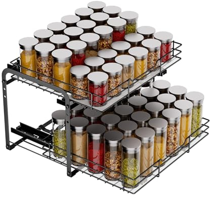 MAYZOLOP Gewürzregal Ausziehbar, Schrank Organizer Küche, 2 Etagen Gewürzaufbewahrung, Oberen und unteren Körbe können unabhängig herausgezogen werden, Höhenverstellbar für die meisten Küchenschränke1