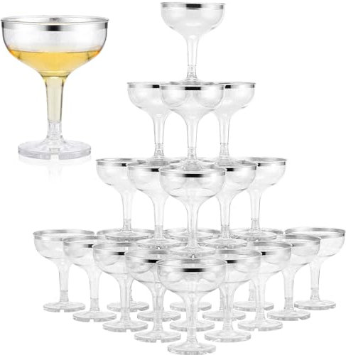 Zopeal 50 Pcs Plastic Champagne Glasses 5 oz Plastic Coupe Disposable Cocktail Cup for Wedding Party Birthday Anniversary Stackable Reusable Martini Glasses (Silver Rim,Silver Glitter)