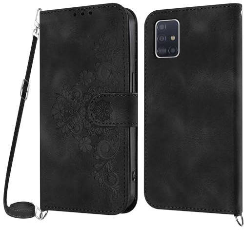 NETANY Handykette Hülle für Samsung Galaxy A51 4G, Handyhülle für Samsung A51 4G Hülle mit Kette Klappbar, PU Leder Necklace Klapphülle und Umhängeband Lanyard Flip Schutzhülle mit Band (Schwarz)