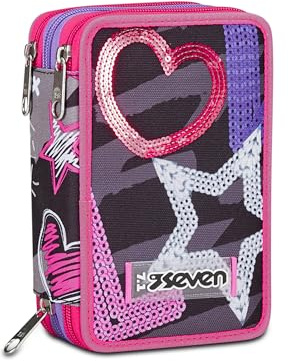 Seven Trousse scolaire 3 Zip, noir violet fuchsia, Draft Heart, porte-stylo triple compartiment complet avec stylets, crayons, couleurs, accessoires sac à dos, élémentaires, moyennes, fille,