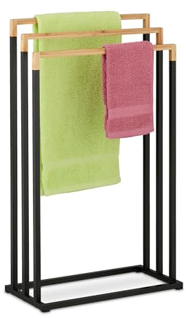 Relaxdays Handtuchständer, 3 Stangen, freistehend, HxBxT: 76x45x21,5 cm, Duschtuchhalter fürs Bad, Eisen, schwarz/Natur