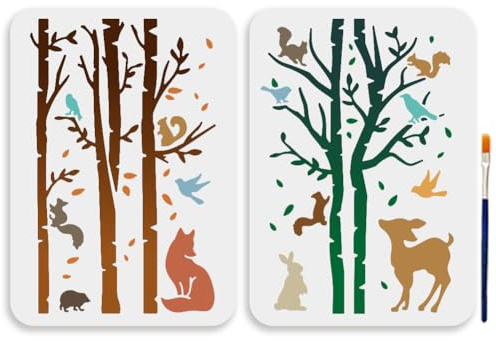MAYJOYDIY 2 Stück A4 Baumtier Schablone Wald Wildtiere Tier Schablonen Mit Pinsel 21x29.7cm Naturlandschaft Eichhörnchen Fuchs Kaninchen Vögel Hirsch Vorlage Für Holz Wände Leinwand Möbel