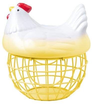 MOTUZP Chicken Egg Basket - Ceramic Egg Storage Basket - Wire Egg Collection Baskets with Ceramic Lid - Cute Egg Storage Container for Kitchen (Yellow)