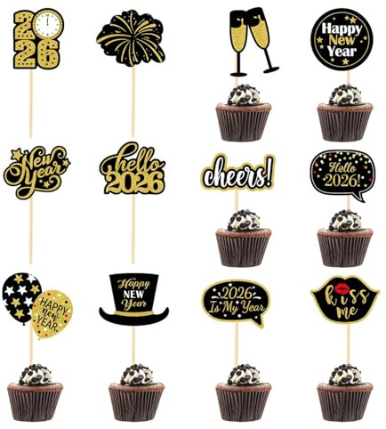 2025 Silvester Tortendeko, Happy New Year Cupcake Toppers, Frohes Neues Jahr Kuchen Deko Cake Toppers, Party Deko Muffin (12 Stück)