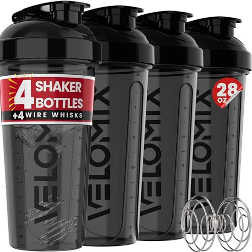 VELOMIX Protein-Shaker-Flasche für Proteinmischungen, 4 x Drahtbesen, auslaufsichere Shaker-Becher für Protein-Shakes, Protein-Shaker-Flasche, Protein-Shaker-Becher (alles in schwarz), 4 Stück
