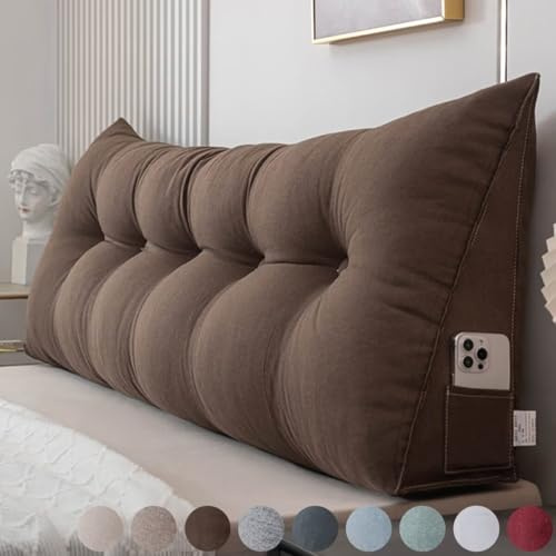 Bettkissen Rückenlehne 120cm, Khaki Bett Rückenkissen Keil-Kopfteilkissen, Waschbar Abnehmbar Rückenstützkissen mit Seitentasche, Hohen Lendenkissen Wandkissen, Großes Lesekissen für Bett und Sofa