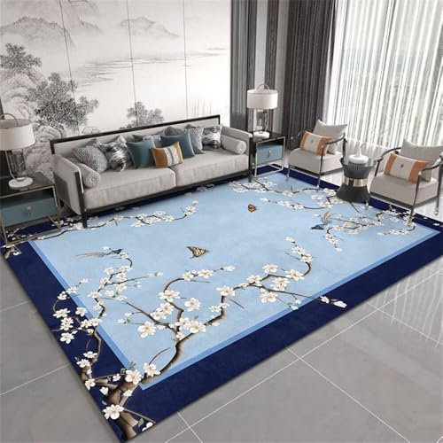 QGYFRE Kurzflor Teppich Wohnzimmer Weich Washable Area Rugs 160x210CM küche waschbar blau Orientalischer klassischer mit Blumenmuster, und