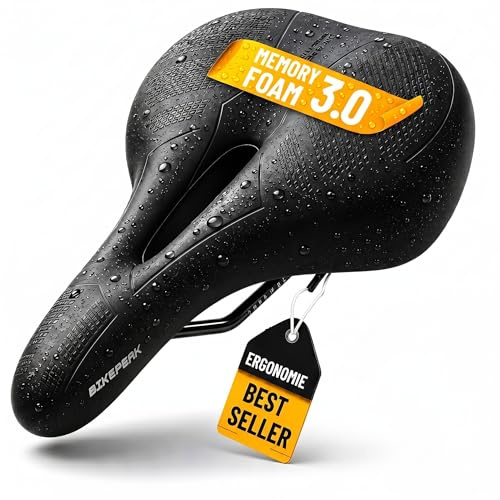 BikePeak Fahrradsattel Damen & Herren - Bequem, Ergonomisch und Schmerzfrei - Atmungsaktiver Memory-Schaum Gel - Breiter Sattel, Schwarz, Wasserabweisend - für City & Tour Fahrrad
