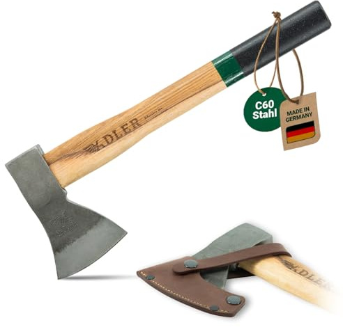 ADLER Rheinland Wurfbeil inkl. Lederschutz: Geschmiedetes Axtwurf-Beil aus C60-Stahl, Professionelles Holzbeil mit 40 cm Hickory-Stiel, Kleine Holzaxt mit doppelter Verkeilung, Grün/schwarz, 880 g