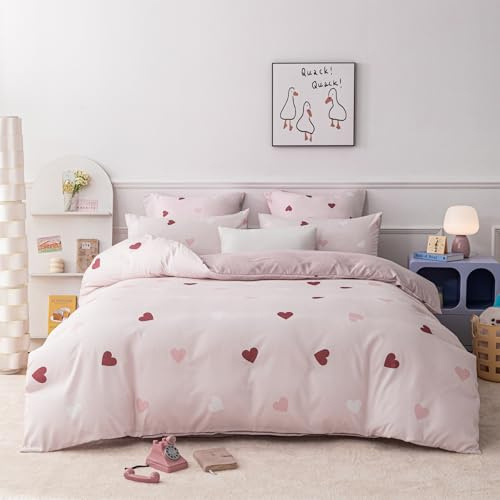 YASMENG Bettwäsche 155x220 Mädchen Herzen Rot Rosa Weiß Kinder Bettwäsche Herzen Weich Kuschelig Bettbezug Set 3 Teilig für Kinder Mädchen Geschenk mit Reißverschluss und 2 Kissenbezüge 80x80 cm