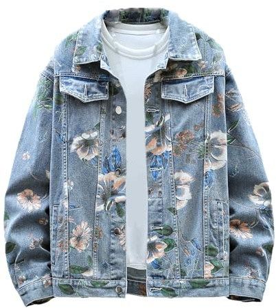 GMOYD Paire de vestes en jean surdimensionnées pour homme - Imprimé floral - Unisexe - Veste basique, bleu, XL