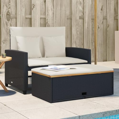 Xichuzi Gartensofa mit Kissen 2-Sitzer Schwarz Poly Rattan&Akazienholz, Gartenlounge, Garden Sofa, Balkonmöbel, Gartenmöbel, Loungemöbel - 365141