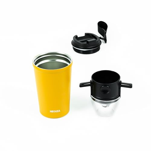 NEOUZA Dripper de café con vaso aislado al vacío, filtro de acero inoxidable reutilizable, cafetera portátil plegable sin papel para camping, viajes (vaso amarillo + goteador)