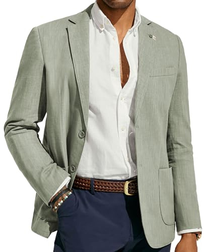 PJ PAUL JONES Chaqueta de lino para hombre, blazer moderno de ocio, saco deportivo de corte regular, 2 botones, chaqueta de traje de negocios, verde claro, M