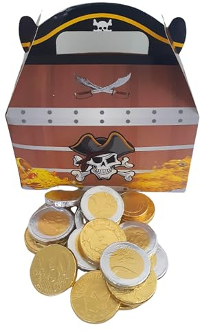 Goldmünzen aus Schokolade 300g | Ca. 45 Stück Goldtaler aus Schokoladengeld | Plus Schatztruhe aus Karton | Kindergeburtstag | Schatzsuche