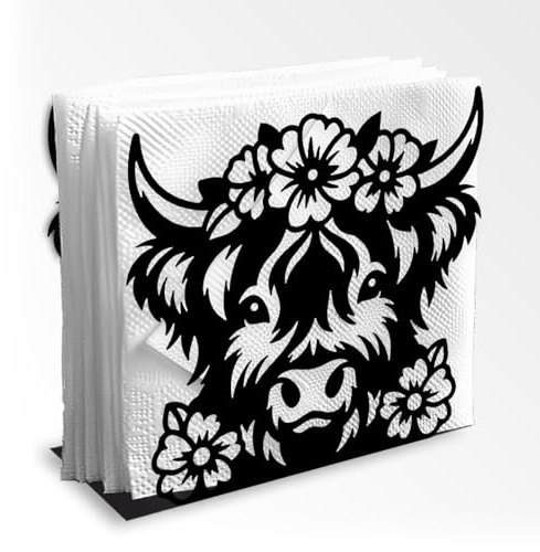 Doodlream Hochlandrind schwarzer Metall-Serviettenhalter für Tisch | 13,5 x 12,3 x 5 cm Stehender Metall-Serviettenhalter mit Tiermotiven für Küche, Restaurant, Café, Party und Esszimmer
