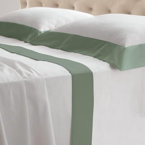Riad Arredo Set Completo Letto Matrimoniale in 100% Cotone 180TC Italiano PERCALLE e Balze RASO - Set Lenzuola Morbidissime Tinta Unita con Balze in Raso SATIN Artigianali Made in Italy (Salvia)