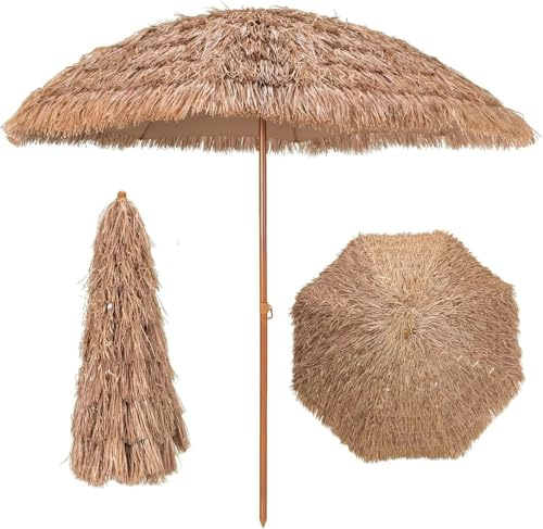 GOPLUS Parasol Paille en PP, 175CM Parasol Plage de Style Hawaïen avec Sac de Transport, 8 Baleines, Parasol Inclinable Hauteur Réglable 140-190CM