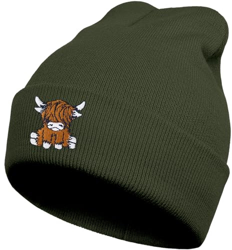 gswirmchsq Beanie-Mütze mit schottischer Hochlandkuh, niedlich, lustige Kuh-Stickerei, Winter-Strickmütze für Erwachsene, Männer und Frauen, 01grün, Einheitsgröße