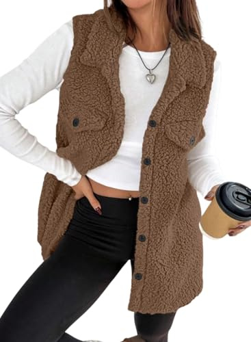 EVALESS Womens Vest Fleece Jackets Casual Outerwear Fall Clothes Trendy 2025 Winter Outfits Fuzzy Fleece Vest Sleeveless Button Up Oversized Brown Sherpa Jacket Faux Fur Coat with Pockets, Medium