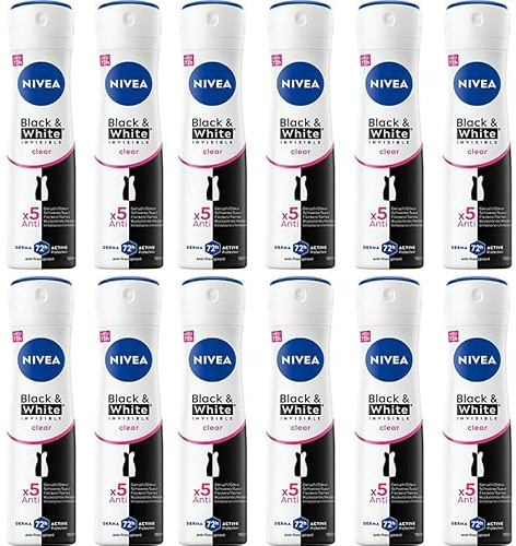 12x NIVEA Black & White Invisible Clear Deo Spray, Anti-Transpirant mit patentierter Anti-Flecken-Formel, Deodorant mit 72h Schutz,150ml (12er Pack)