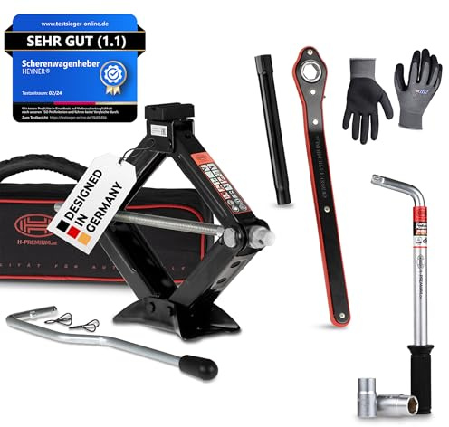 HEYNER® Wagenheber 2 t Traglast Scherenwagenheber Set, TÜV, 98-442mm | Radmutternschlüssel, Montagehandschuhe drehbarer Sattel, Gummiauflage, GS, 1111305153 und GS-Geprüft