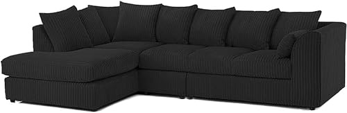 Modular 3+2 Settee Set - Elegant 4 To 5 Seater L Shape Left & Right Hand Corner Sofa - Comfy jumbo cord Scatter Back Sofas - Swivel Round Cuddle Chair for Living Room (Black, LH 5 Seater)