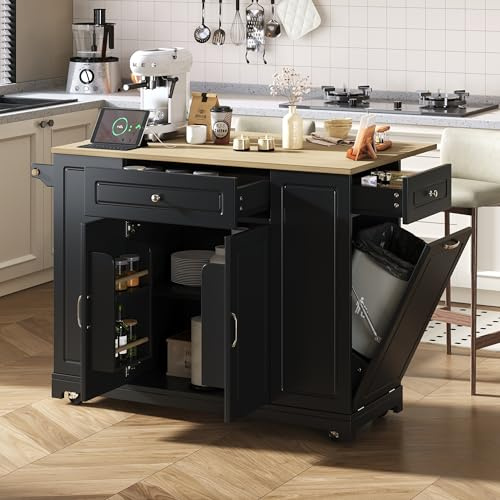 Kebnor Isla de cocina extensible con ruedas, cajones multifunción y compartimento para basura, isla de cocina móvil, ideal para cocina y comedor (negro)