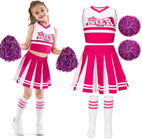 SilverChry Vestito Cheerleader Bambina, Cheerleader Costume Bambina con pompon, Gonna e Calze, Abito per Feste, Gare Giorno Dello Sport, Vestiti Carnevale Bambine (Rosa, 150)