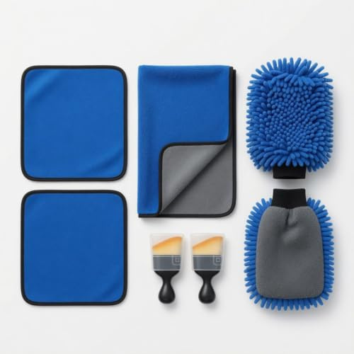 SELMORA 7 Pcs Car Cleaning Kit – Microfibre Car Wash Set with 3 Microfiber Cloths, 2 Wash Mitts & 2 Dusting Brushes – Car & Household Cleaning, Washing, Drying & Detailing Kit